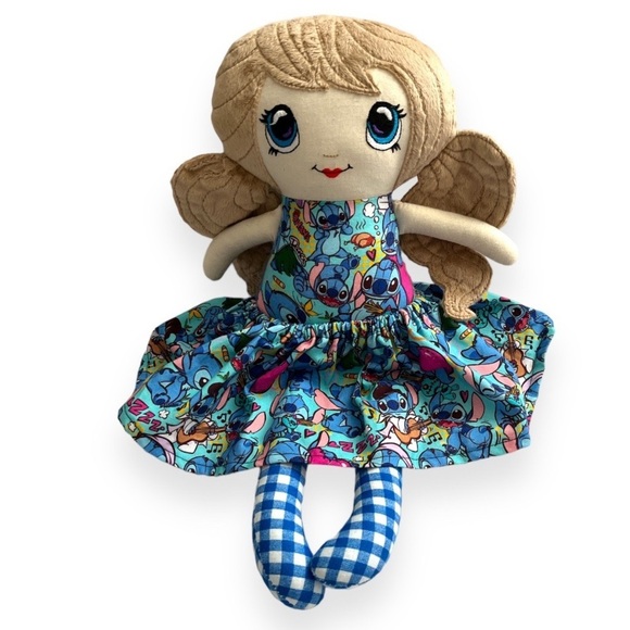 Handmade Fabric Doll Poly Stuff Stitch Print Body Skirt Embroidered Face 17.5” - Picture 1 of 8